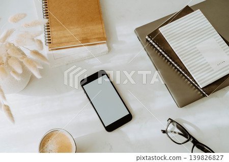 Flat lay with smartphone mock up Flat lay with smartphone mock up 139826827
