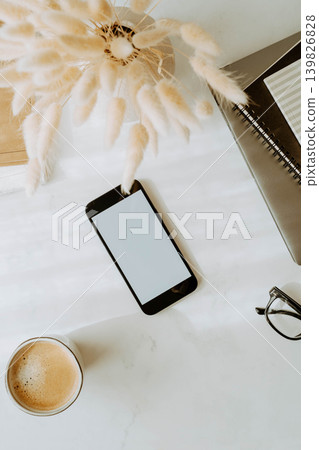 Minimal workspace flat lay with smartphone mock up and coffee, Minimal workspace flat lay with smartphone mock up and coffee, 139826828