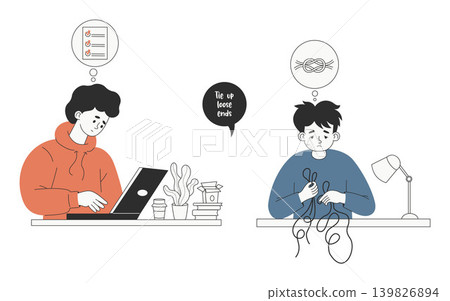 Neurodiversity in Office. Employees Interpreting Idiom Tie Up Loose Ends Literally and Figuratively. Autism Workplace Communication Concept. Isolated Minimalist Vector Illustration. Neurodiversity in Office. Employees Interpreting Idiom Tie Up Loose Ends Literally and Figuratively. Autism Workplace Communication Concept. Isolated Minimalist Vector Illustration. 139826894