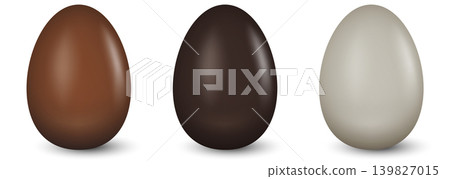 Tasty chocolate egg set mockup vector template Isolated on white background. Dark, milk and white whole Chocolate Egg Icon Set Closeup. Sweet dessert for Easter, packaging design, food themes Tasty chocolate egg set mockup vector template Isolated on white background. Dark, milk and white whole Chocolate Egg Icon Set Closeup. Sweet dessert for Easter, packaging design, food themes 139827015