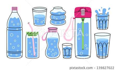 Illustrations of glass and plastic containers with lids filled with liquid in a cartoon line style. Icons of bottles, jars, glasses, containers, thermoses, shakers with straws, decanters, baby bottles Illustrations of glass and plastic containers with lids filled with liquid in a cartoon line style. Icons of bottles, jars, glasses, containers, thermoses, shakers with straws, decanters, baby bottles 139827022