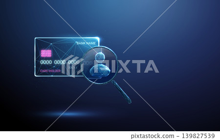 3D blue bank card and magnifying glass with avatar icon inside. Online banking, ai finance assistant, virtual agent verification, fraud detection, transaction concept 139827539