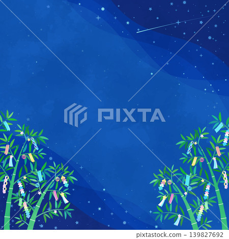 Watercolor-style frame 3_square with night sky and Tanabata bamboo decorations Watercolor-style frame 3_square with night sky and Tanabata bamboo decorations 139827692