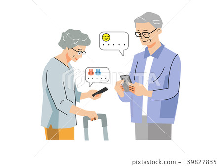 "Gentle Welfare and Care Vector Series": Elderly men and women using LINE on their smartphones "Gentle Welfare and Care Vector Series": Elderly men and women using LINE on their smartphones 139827835