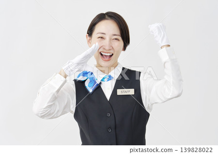 Female staff member, receptionist/bus guide, support, white background Female staff member, receptionist/bus guide, support, white background 139828022