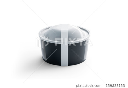Blank black round disposable container with white label mockup png, transparent background, 3d rendering. Empty food box mock up. Clear lunch box with lid cut out. Takeaway tray for dinner. 139828133