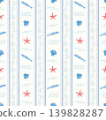 Nautical seamless coral motifs stripe pattern with blue color shells, fishes and starfish for summer beach design on a white background. Coastal style textiles, wrapping papers, stationery and seaside 139828287