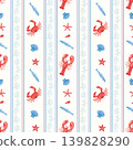 Nautical trendy seamless coral motifs stripe pattern with red crabs, lobsters, blue color shells, fishes and starfish for summer beach design on a cream background. Coastal style textiles, wrapping 139828290