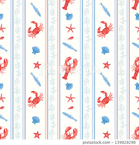 Nautical trendy seamless coral motifs stripe pattern with red crabs, lobsters, blue color shells, fishes and starfish for summer beach design on a cream background. Coastal style textiles, wrapping Nautical trendy seamless coral motifs stripe pattern with red crabs, lobsters, blue color shells, fishes and starfish for summer beach design on a cream background. Coastal style textiles, wrapping 139828290