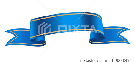 Realistic vector illustration of a gracefully curved blue ribbon banner with prominent gold trim. The ribbon has a satin sheen and undulating shape with pointed fishtail ends, isolated on white Realistic vector illustration of a gracefully curved blue ribbon banner with prominent gold trim. The ribbon has a satin sheen and undulating shape with pointed fishtail ends, isolated on white 139828453