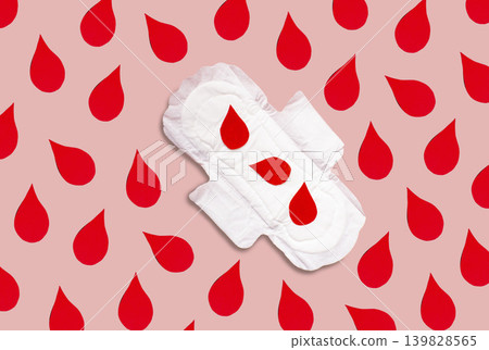Menstrual pad with red drops on pink background. Menstruation cycle period, woman hygiene and comfort concept 139828565