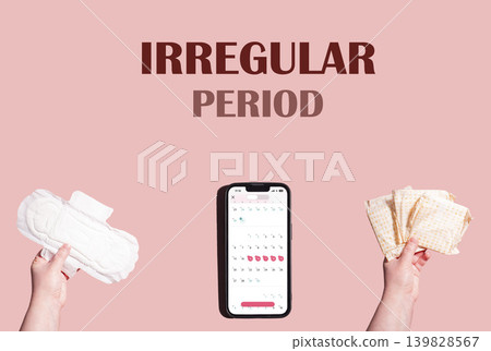 Smartphone with woman menstrual period calendar on pink background. Modern technologies for women Smartphone with woman menstrual period calendar on pink background. Modern technologies for women 139828567