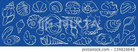 Hand-drawn decorative seashells collection in line art doodle style for wedding, event decor, menu, summer vacation designs Hand-drawn decorative seashells collection in line art doodle style for wedding, event decor, menu, summer vacation designs 139828648