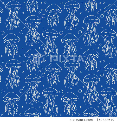 Hand-drawn seamless pattern of jellyfish and bubbles on blue background for event decor, menu, summer seaside vacation projects Hand-drawn seamless pattern of jellyfish and bubbles on blue background for event decor, menu, summer seaside vacation projects 139828649