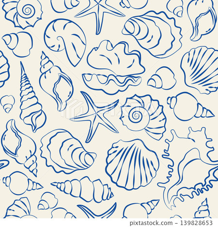 Hand-drawn seamless pattern of seashells in line doodle style for wedding, event decor, menu, summer seaside vacation projects Hand-drawn seamless pattern of seashells in line doodle style for wedding, event decor, menu, summer seaside vacation projects 139828653