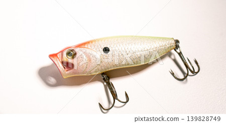 Fishing accessories bobbers, hooks, tackles, baits isolated on white background. Image for shop for fisherman. Close up Fishing accessories bobbers, hooks, tackles, baits isolated on white background. Image for shop for fisherman. Close up 139828749