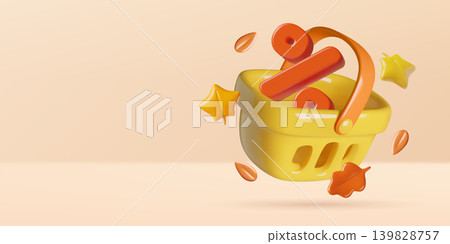 3D Shopping basket with autumn leaves and big percentage sign inside fall season sale concept 3D Shopping basket with autumn leaves and big percentage sign inside fall season sale concept 139828757
