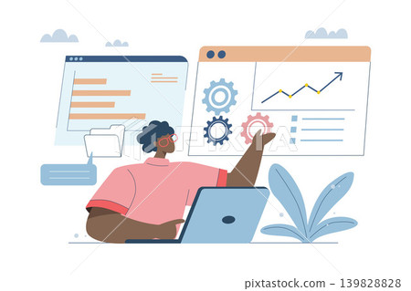 Analyze and verify, Business data analysis and monitoring, Statistics tracking management, Online communication, Businessman checking big data on dashboard or website page, Vector design illustration. Analyze and verify, Business data analysis and monitoring, Statistics tracking management, Online communication, Businessman checking big data on dashboard or website page, Vector design illustration. 139828828
