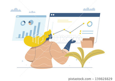 Analyze and verify, Business data analysis and monitoring, Statistics tracking management, Online communication, Businesswoman checking big data on dashboard or website page, Vector illustration. Analyze and verify, Business data analysis and monitoring, Statistics tracking management, Online communication, Businesswoman checking big data on dashboard or website page, Vector illustration. 139828829