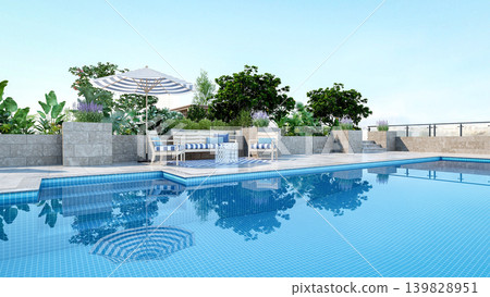 Luxury rooftop swimming pool with modern terrace lounge and city view, 3D Rendering 139828951