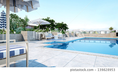 Luxury rooftop swimming pool with modern terrace lounge and city view, 3D Rendering Luxury rooftop swimming pool with modern terrace lounge and city view, 3D Rendering 139828953