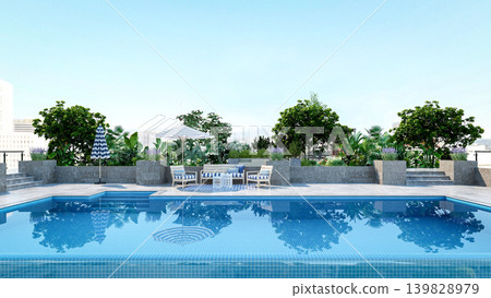 Luxury rooftop swimming pool with modern terrace lounge and city view, 3D Rendering Luxury rooftop swimming pool with modern terrace lounge and city view, 3D Rendering 139828979