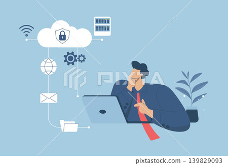 Secure connection, Storage of important data, and cloud technology, Cloud computing services business technology concept, Woman standing using laptop to work in social media. Vector illustration. 139829093