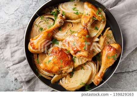Honey soy roasted chicken and cabbage closeup. Horizontal top view Honey soy roasted chicken and cabbage closeup. Horizontal top view 139829163
