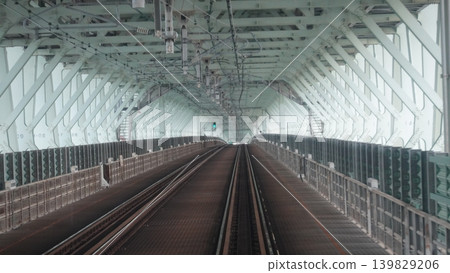 一列火車從鐵路橋下駛過。 一列火車從鐵路橋下駛過。 139829206