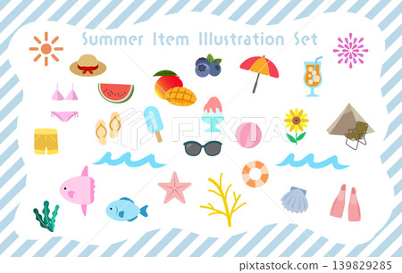 Cute hand-drawn style illustration set of summer items | Sea, beach, and summer material collection 139829285