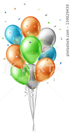 Colorful balloons and confetti floating. Colorful balloons and confetti floating. 139829439