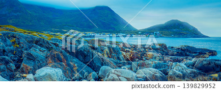 Fjord, rocky beach in the night, nature Norway. Senja island. Beautiful bay. Picturesque nature 139829952