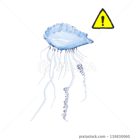 葡萄牙戰艦水母插圖,帶有警告標誌。危險生物材料。 葡萄牙戰艦水母插圖,帶有警告標誌。危險生物材料。 139830060