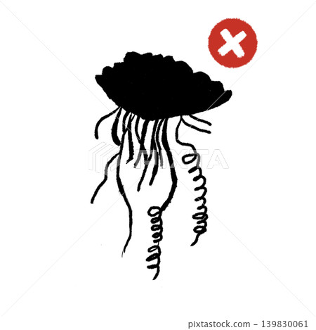 Silhouette illustration of a Portuguese man-of-war with a danger symbol. Dangerous creature material. Silhouette illustration of a Portuguese man-of-war with a danger symbol. Dangerous creature material. 139830061