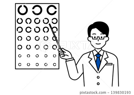 A male doctor performing an eye exam using an eye chart. A male doctor performing an eye exam using an eye chart. 139830193