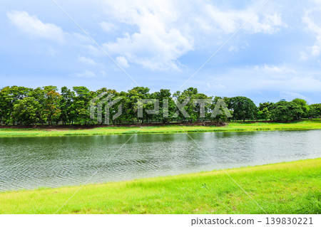 A landscape with a pond surrounded by greenery 139830221