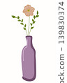 Minimal vector illustration of delicate pink flower with green branches in elegant purple vase isolated on light background. Modern botanical artwork with soft pastel colors and simple organic forms 139830374