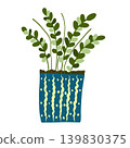Minimal vector illustration of decorative green houseplant in patterned blue flower pot isolated on light background. Flat modern botanical design with simple organic shapes 139830375