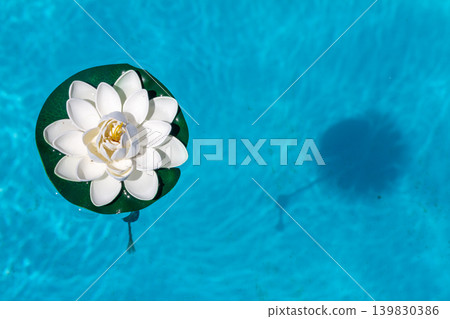 Decorative fake lotus flower floating on tranquil pool surface Decorative fake lotus flower floating on tranquil pool surface 139830386