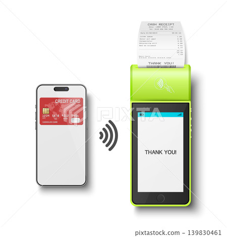 Vector 3d Green NFC Payment Terminal with Smartphone Closeup. Approved Payment and Successful Transaction. Contactless Payment Machine Template, Bank Card Transaction POS Terminal Vector 3d Green NFC Payment Terminal with Smartphone Closeup. Approved Payment and Successful Transaction. Contactless Payment Machine Template, Bank Card Transaction POS Terminal 139830461