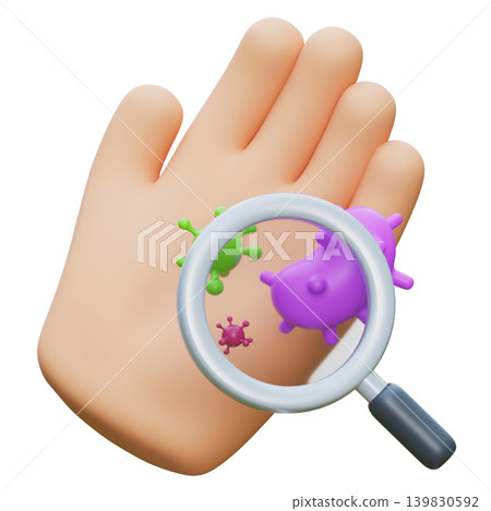 3D Render of Magnifying Glass Zooming in on Bacteria Cells on Hand 139830592