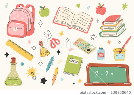 School supplies clipart collection with books backpack and chalkboard 139830640