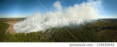View from above of dense smoke from woodland and field on fire rising up polluting air. Concept of natural disaster View from above of dense smoke from woodland and field on fire rising up polluting air. Concept of natural disaster 139830648