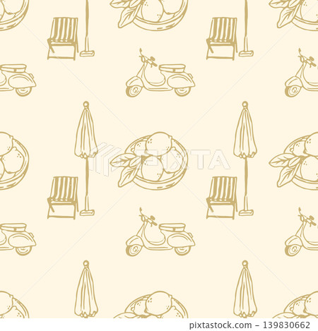 Coastal doodle seamless pattern with scooter and citrus in naive style 139830662