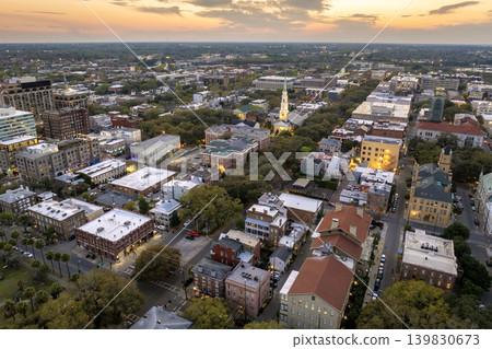 Panoramic cityscape with old historical architecture in Savannah, Georgia. Southern American architecture in evening Panoramic cityscape with old historical architecture in Savannah, Georgia. Southern American architecture in evening 139830673