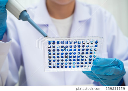Scientist with cell culture in sample micro plate for research in science laboratory. 139831159