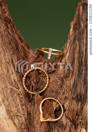 Three gold rings with diamonds displayed on a natural textured tree bark background. Three gold rings with diamonds displayed on a natural textured tree bark background. 139831199