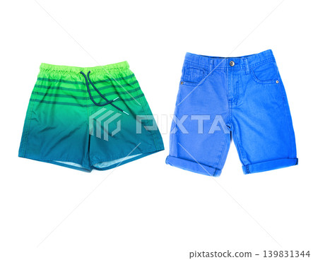 classic blue shorts and swimsuits for swimming on a white background classic blue shorts and swimsuits for swimming on a white background 139831344