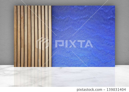 Modern Wall Panel Featuring a Combination of Natural wood slats and a Blue LED Screen Modern Wall Panel Featuring a Combination of Natural wood slats and a Blue LED Screen 139831404