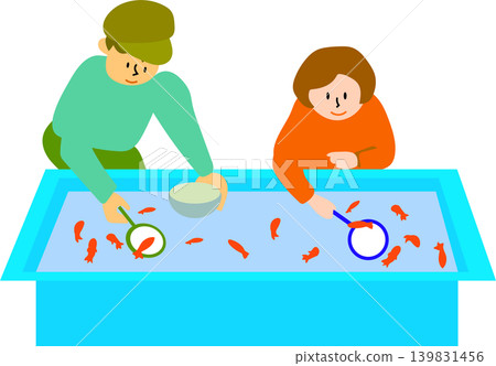一幅描繪一男一女玩撈金魚遊戲的插圖。 一幅描繪一男一女玩撈金魚遊戲的插圖。 139831456